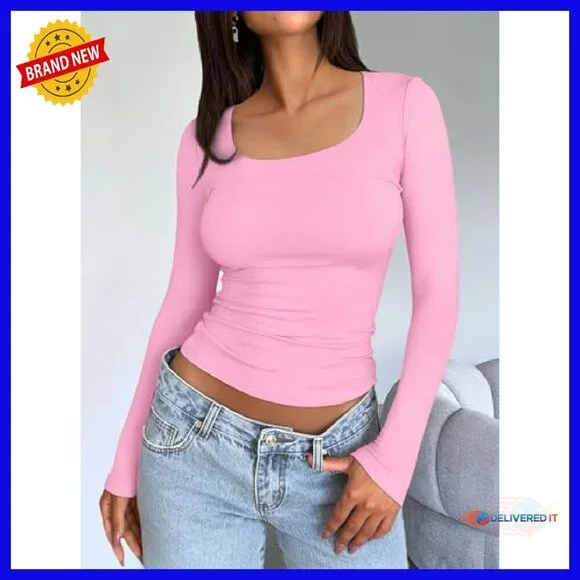 Long Sleeve Crop Top Y2K Square Neck Stretchy Tee Fall Fashion - Picture 7 of 8